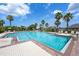 A sparkling community pool with ample seating, palm trees, and well-maintained landscaping creates a relaxing oasis at 1713 Trailwater St, Ruskin, FL 33570