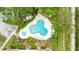 An aerial view of a community pool and lounge area surrounded by lush greenery and landscaping at 1815 Cypress Trace Dr, Safety Harbor, FL 34695