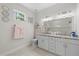 Bright bathroom featuring a double sink vanity with marble countertops, decorative mirrors, and a framed window at 19212 Sunlake Blvd, Lutz, FL 33558