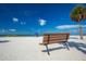Beach bench overlooking beach with people and a beach umbrella in the distance at 322 Windrush Loop # 22, Tarpon Springs, FL 34689