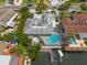 Aerial shot of waterfront property featuring a screened pool and boat dock at 4643 Bay Crest Dr, Tampa, FL 33615