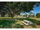 Scenic view of a community park with a large shade tree, picnic table, and tranquil pond with fountain at 6190 80Th N St # 411, St Petersburg, FL 33709