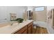 This bathroom features a double vanity, a large mirror, a window and wood-look flooring at 8015 Hampton Glen Dr, Tampa, FL 33647