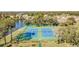 Aerial view of well-maintained tennis courts surrounded by lush greenery and a tranquil pond at 11446 Sinatra Ct, New Port Richey, FL 34654