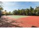 An empty green and red tennis court is surrounded by a black fence and mature trees under a bright sky at 2722 Via Tivoli # 430A, Clearwater, FL 33764