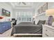Comfortable main bedroom featuring a king-size bed, shuttered windows, a desk area, and tasteful decor at 3166 Francoa Dr, Odessa, FL 33556