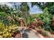 Lush backyard garden with tropical plants, a winding gravel path, and brick edging, creating a serene outdoor space at 3406 Hollyhock Way, Tampa, FL 33618