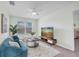 Cozy living room with a blue sofa, textured rug, and bright window, creating a comfortable atmosphere at 3757 Villamore Ln, Odessa, FL 33556