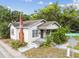 View of a corner lot, featuring brick chimney, mature trees, and a street sign at 702 W Virginia Ave, Tampa, FL 33603