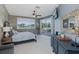 Relaxing bedroom with a wood accent wall, ceiling fan, and sliding glass doors that lead to a patio at 1228 Dartford Dr, Tarpon Springs, FL 34688