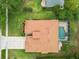 Aerial view of property showing the pool, backyard, and roof at 19106 Beckett Dr, Odessa, FL 33556