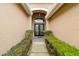 Inviting front entrance with double doors, decorative plants, and an arched entryway feature at 19106 Beckett Dr, Odessa, FL 33556