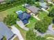 An aerial view of a home showcasing a spacious backyard with a pool and basketball court at 19620 Eagle Crest Dr, Lutz, FL 33549