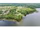 Overhead view of the community on the lake with a wooden pier and surrounding trees at 3727 Janus Way, Palm Harbor, FL 34685