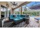 Screened patio with an outdoor seating area with an outdoor fan and views of the pool at 3727 Janus Way, Palm Harbor, FL 34685