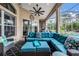 Screened patio with an outdoor seating area with an outdoor fan and views of the pool at 3727 Janus Way, Palm Harbor, FL 34685