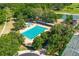 An aerial view showcasing a pristine lap swimming pool with the adjacent tennis courts surrounded by mature trees at 4942 Willow Ridge Ter, Valrico, FL 33596