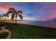 Scenic waterfront view showcases lush lawn, palm trees, and a vibrant sunset over the calm ocean at 5 Gateshead Dr # 308, Dunedin, FL 34698