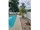 Backyard with a swimming pool, palm trees, and a white fence, creating a private outdoor space at 6906 Shady Pl, Tampa, FL 33634