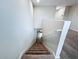 Carpeted stairway featuring a white handrail and baseboards leading down to hardwood floors at 7554 Wallflower Trl, Wesley Chapel, FL 33545