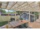 Enclosed patio featuring a dining area with string lights and a view of the backyard at 1402 E Powhatan Ave, Tampa, FL 33604