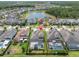 Drone shot of homes with screened pools, a lake, and lush greenery, ideal for outdoor living at 3850 Bonfire Dr, Odessa, FL 33556