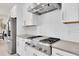 Modern kitchen features stainless steel appliances, white cabinets, modern hood vent, and an elegant backsplash design at 3850 Bonfire Dr, Odessa, FL 33556