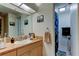 A bathroom featuring a sink, a mirror, and a shower with a colorful curtain at 4908 Rockledge Cir, Tampa, FL 33624