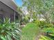 A lush green backyard features a grassy path, tropical foliage and plenty of space for outdoor enjoyment at 120 Colony South Dr, Tarpon Springs, FL 34689