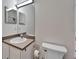 Bathroom with single sink vanity, an ample mirror, and modern fixtures at 15855 Fishhawk View Dr, Lithia, FL 33547