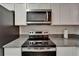 Close-up view of modern stainless steel stove and microwave, complemented by granite countertops at 15855 Fishhawk View Dr, Lithia, FL 33547