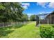 Spacious backyard with lush lawn, white fence, and screened-in lanai for outdoor enjoyment at 19323 Hawk Valley Dr, Tampa, FL 33647