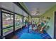 Relaxing screened-in patio, furnished with wicker seating, plants, and views of the backyard at 22115 Laver Ln, Land O Lakes, FL 34639