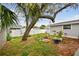 Landscaped backyard featuring a charming patio area and mature tree at 361 Colonial Ct, Dunedin, FL 34698