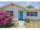 Charming home featuring a delightful turquoise front door framed by vibrant pink bougainvillea at 556 Virginia St, Dunedin, FL 34698