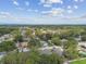 Aerial view showcases a neighborhood surrounded by dense greenery, homes, and a clear, blue sky at 854 Village Way, Palm Harbor, FL 34683