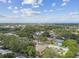 Expansive aerial view of a neighborhood with lush greenery, blue skies and distant view of the Gulf of Mexico at 854 Village Way, Palm Harbor, FL 34683