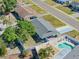 Aerial view of home featuring a backyard pool, patio, fenced yard, and mature landscaping at 906 Hacienda Dr, Sun City Center, FL 33573