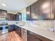 Stylish kitchen features stainless steel appliances, sleek countertops, and elegant dark cabinetry at 9324 Rally Spring Loop, Wesley Chapel, FL 33545