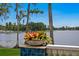 Beautiful water view from patio framed by lush trees and a decorative planter at 17124 Crawley Rd, Odessa, FL 33556