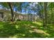 Spacious backyard with lush green lawn, bordered by trees, and a screened-in pool area attached to home at 17318 Emerald Chase Dr, Tampa, FL 33647