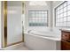 Bright bathroom features a soaking tub with glass block window and separate shower with gold trim at 17318 Emerald Chase Dr, Tampa, FL 33647