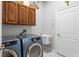 Well-lit laundry room featuring front loading washer and dryer, basin, and abundant upper cabinet storage at 17318 Emerald Chase Dr, Tampa, FL 33647