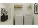 Neat laundry room featuring a modern washer and dryer with decoratively organized shelf and minimalist accents at 18461 Serene Lake Loop, Lutz, FL 33548