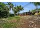 Expansive backyard features a screened-in porch, lush greenery, mature palms, and inviting fire pit area at 2485 Indigo Dr, Clearwater, FL 33763