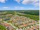 Scenic aerial view of a community with houses, mature trees, and community lakes under a beautiful blue sky at 3877 Burdick Loop, Odessa, FL 33556