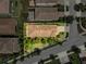 An aerial view of the backyard with lush greenery, landscaping and exterior view of the roof at 3877 Burdick Loop, Odessa, FL 33556