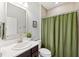 Bathroom featuring a dark wood vanity with a large mirror and shower with olive-green curtain at 3877 Burdick Loop, Odessa, FL 33556