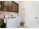 A clean laundry room with front loading washer and dryer, wood storage cabinets and a small stool at 3877 Burdick Loop, Odessa, FL 33556