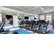 Bright gym with treadmills, mounted TV, mirrors, and light blue and white flooring at 4063 Medicci Ln, Wesley Chapel, FL 33543